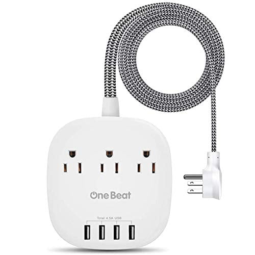 Home & Office 4.5A Total White Desktop Charging Station with 3 Outlets 4 USB Charging Ports Flat Plug and 5ft Braided Extension Cord for Cruise Power Strip with USB C 