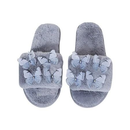 

Aueoeo Autumn And Winter Women Flat Bottomed Shoes Sandals Casual Butterfly Woolly Slippers Outside