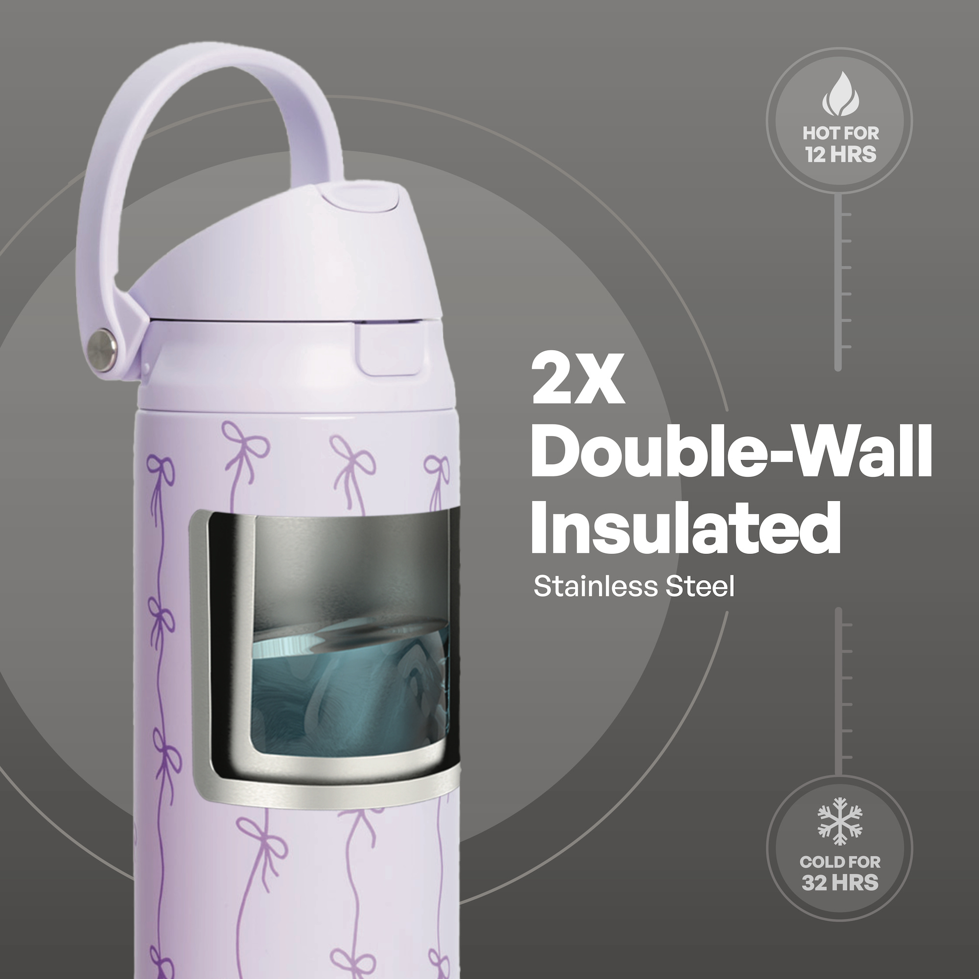 TAL Insulated Water Bottle 24oz Purple Bows 2-in-1 Lid photo 5