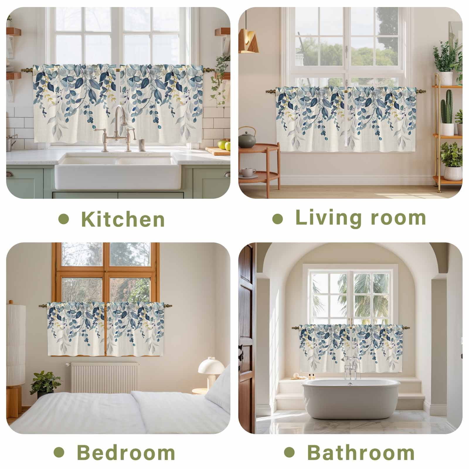 Navy Blue Eucalyptus Tier Curtains 36 Inch Length, Farmhouse Weeping Leaves Linen Cafe Short Curtains for Bathroom Over Sink, Small Kitchen Curtain Light Filtering Tiered Drapes 2 Panels 27.5"Wx36"L