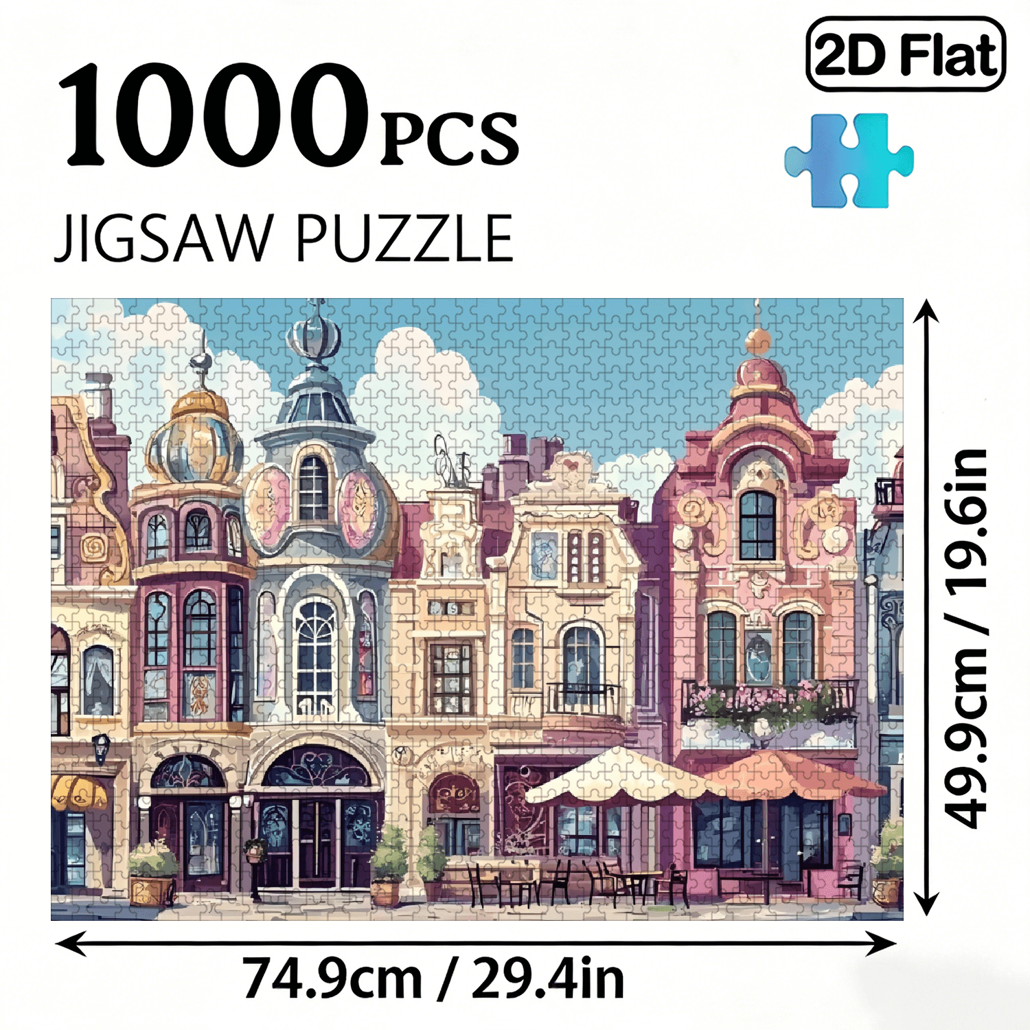 A set of 1000 intricate "colorful European street scenes" jigsaw puzzles, suitable for adults and playable by multiple players.
