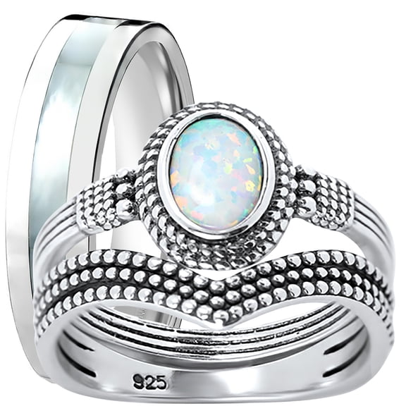 LaRaso & Co His Her Wedding Ring Set Silver Opal CZ Engagement TRIO Set Him Her 6/9