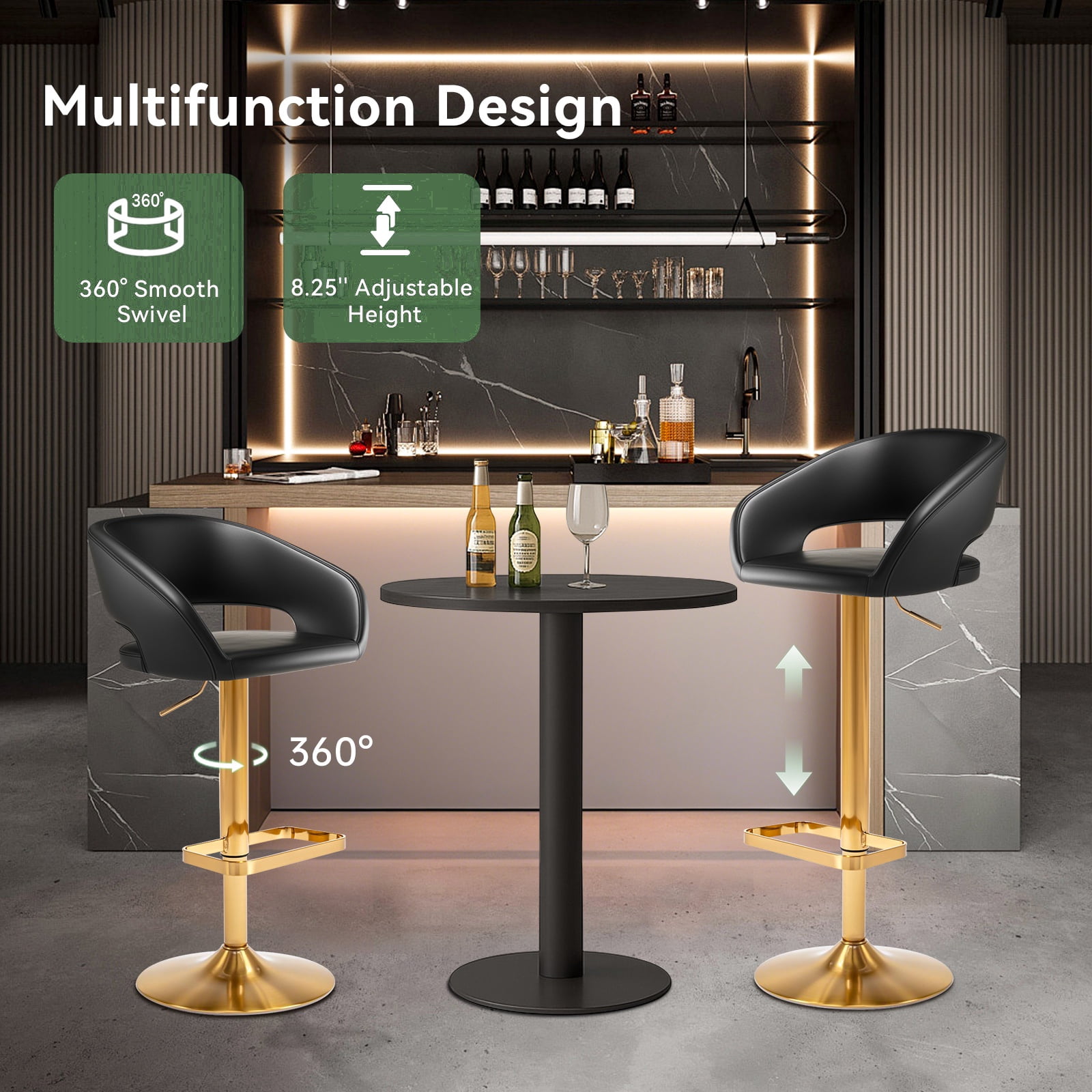 Modern Adjustable Bar Stools with PU Leather Seat, 360° Swivel Open Mid Back & Armrest Bar Stool– Ideal for Kitchen , Bar, Café, Counter Seating (Black)