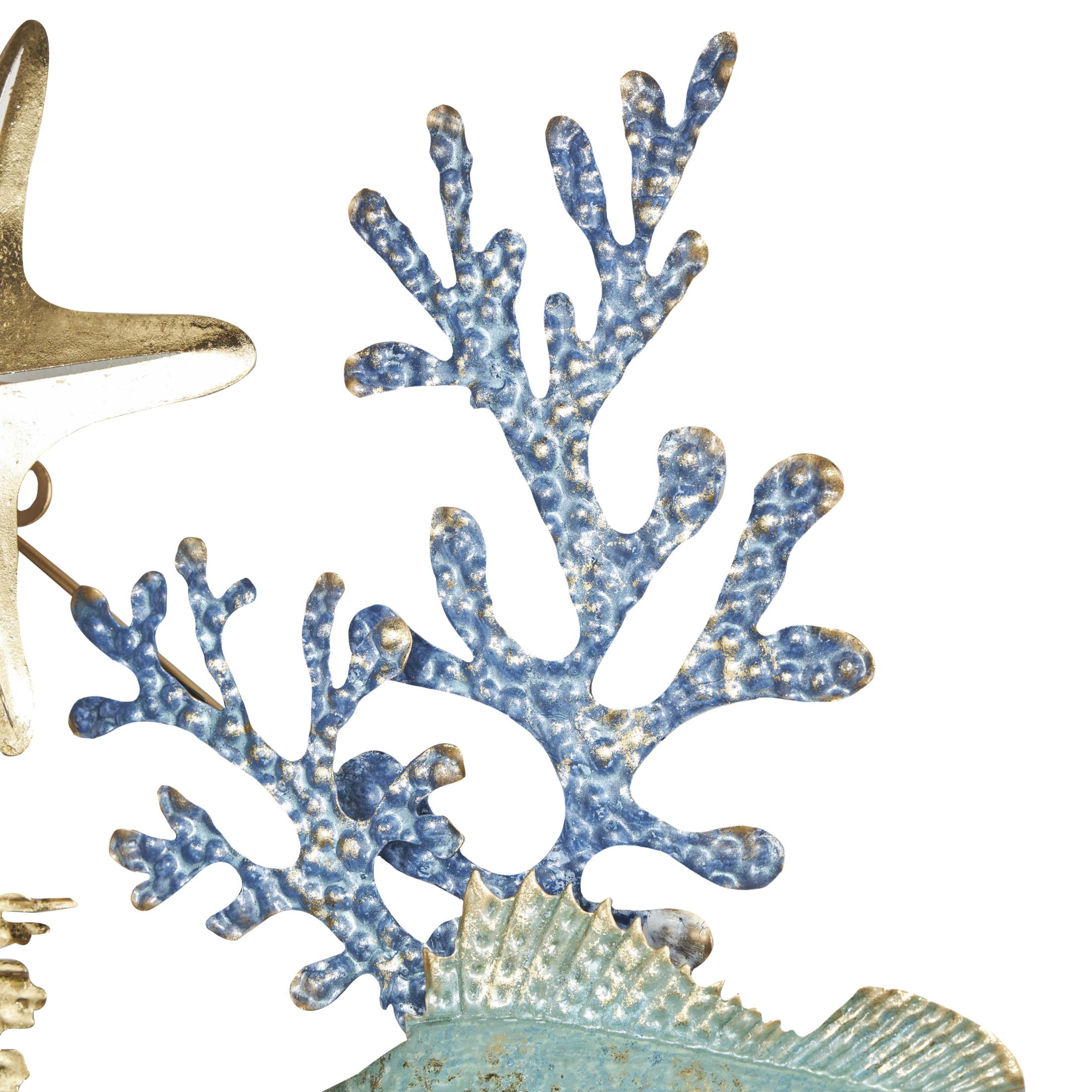 DecMode Blue Metal Fish Wall Decor with Gold Accents