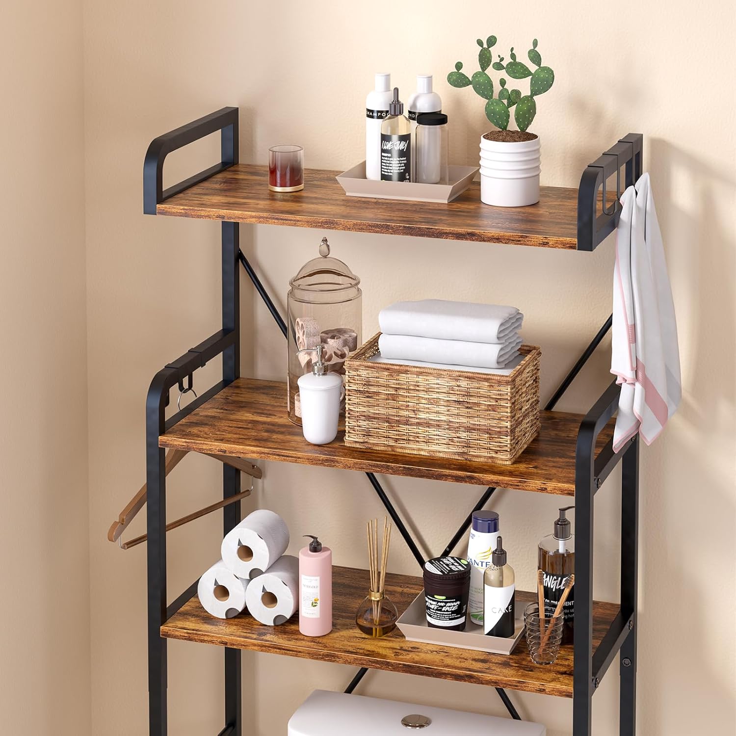 3-Tier Over The Toilet Storage Shelf – Space Saver Bathroom Organizer With Adjustable Feet, Brown
