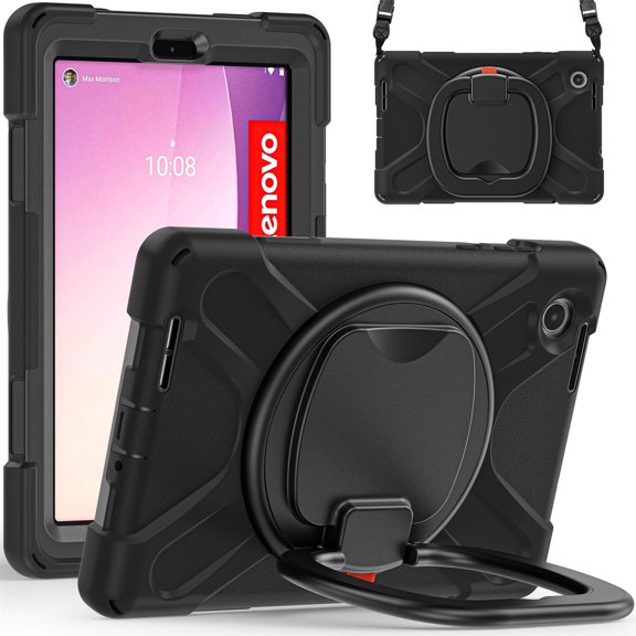 Case for Lenovo Tab M8 4th Gen 8.0 inch 2023 Release TB-300FU, 360 Degree Rotating Hand Grip Shockproof Cover with Shoulder Strap, Black