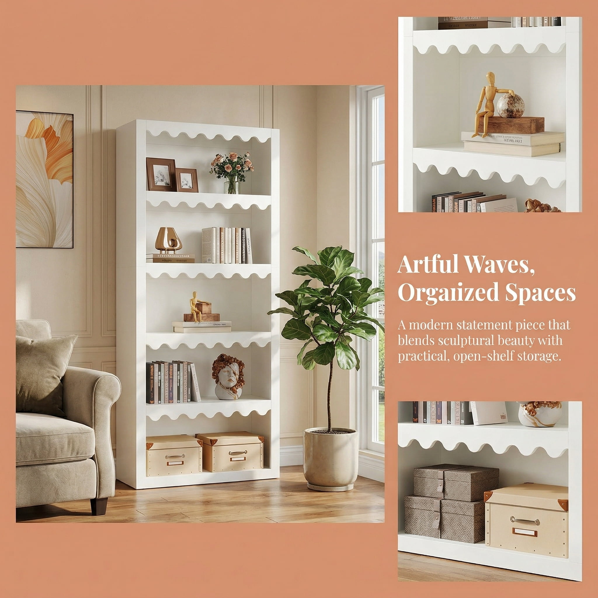 Fnova 5-Tier Open Bookcase, 70" Tall Bookshelf with Scalloped Edges, Modern Display Shelves Storage Organizer for Living Room, Home Office, White