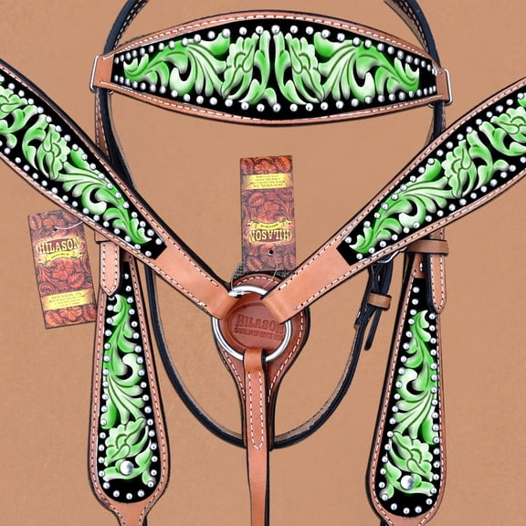 Hilason Western Horse Headstall Breast Collar Set American Leather Green