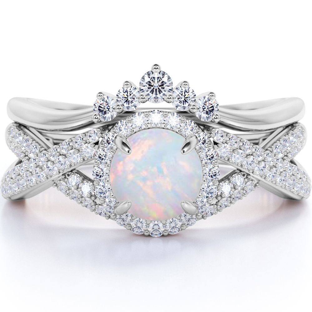 Round Black Fire Opal Elegant Double Halo CZ Wedding Engagement Silver Ring Set 