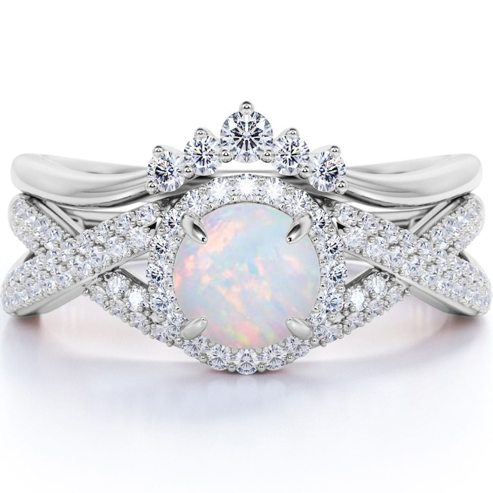 JeenMata 1 Carat Vintage Round Cut Blue Lab Created Opal and Moissanite Wedding Ring Set in 18K White Gold Plating for Women