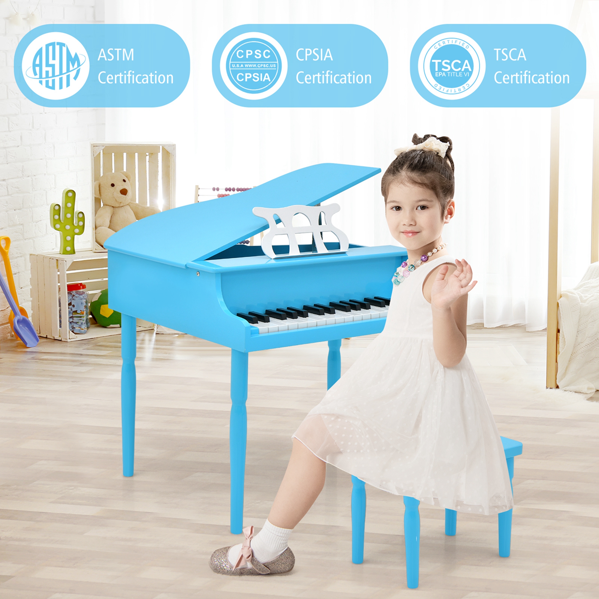Costway 30-Key Classic Baby Grand Piano Toddler Toy Wood with Bench & Music Rack Blue