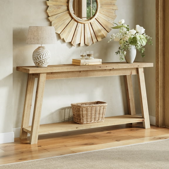 Finmind 70.87-Inch Solid Wood Console Table, 2-Tier Long Farmhouse Entryway Table with Shelf