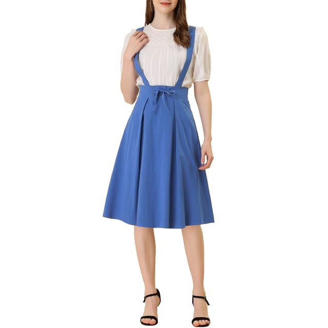 Unique Bargains Jupe Midi Plissée à Bretelles Rétro à Taille Élastique pour Femme Bleu P