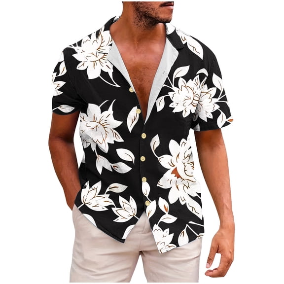 ALLLIST Collared Men's Shirts Short Sleeve Casual Button Down Shirts Floral Black Men's Clothes