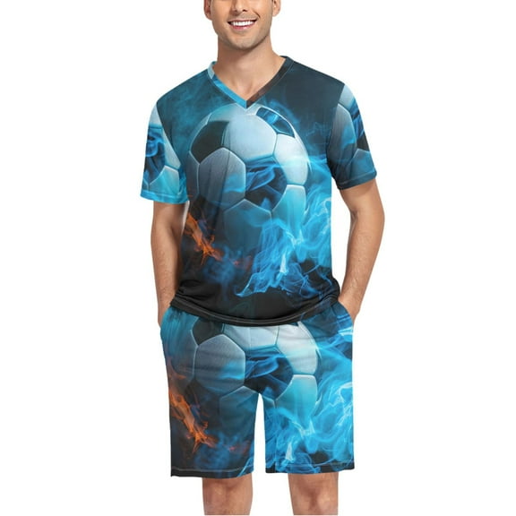 joogoo Men's Pajama Set Soccer Ball with Fire V-Neck Pj Shorts Set 2 Piece Loungewear Sleepwear L