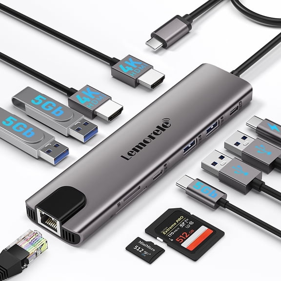 Lemorele 11-in-1 USB-C Hub Dual Display Laptop Docking Station,with 4K HDMI, 1Gbps Ethernet,5*USB Ports,100W Power Delivery, SD/TF Card Reader,USB-C Adapter for MacBook XPS Surface