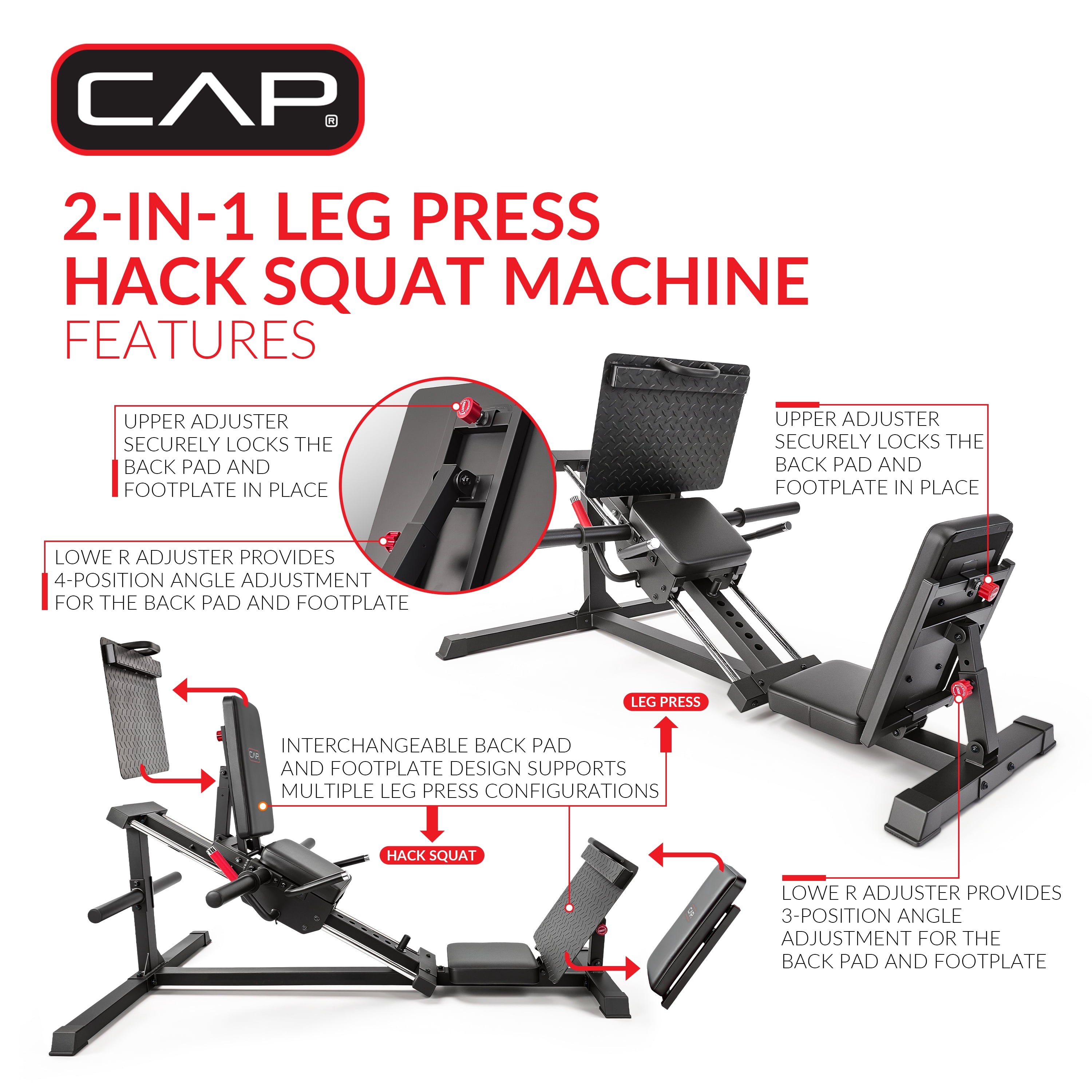 CAP Barbell 2-in-1 Leg Press & Hack Squat Machine, Plate-Loaded Lower Body Strength Trainer with Adjustable Footplate & Back Pad, Olympic Weight Plate Compatible