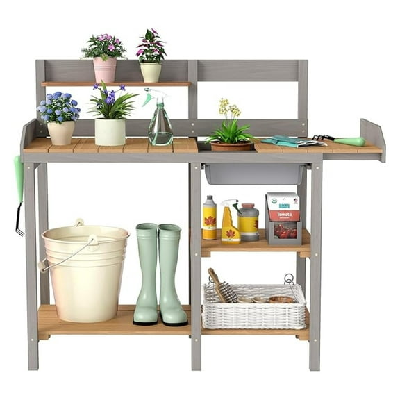 Wooden Potting Bench Table with Sink,Outdoor Garden Table Work Bench with Shelf, Workstation for Outside Lawn Patio