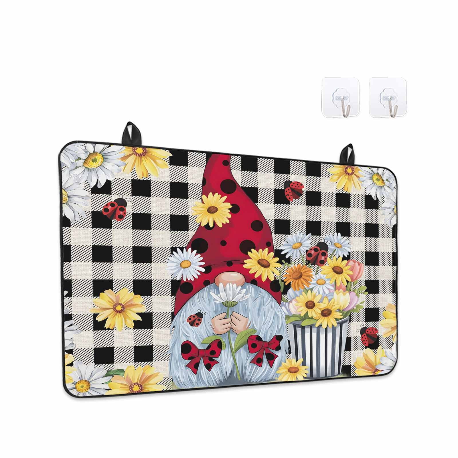 Gnomes Daisy Stove Top Cover for Electric Stove, Heat-proof & Non Slip Glass Top Stove Cover Protector, Retro Farmhouse Floral Black Buffalo Plaid Kitchen Flat Cooktop Rubber Mat 31x24 Inches