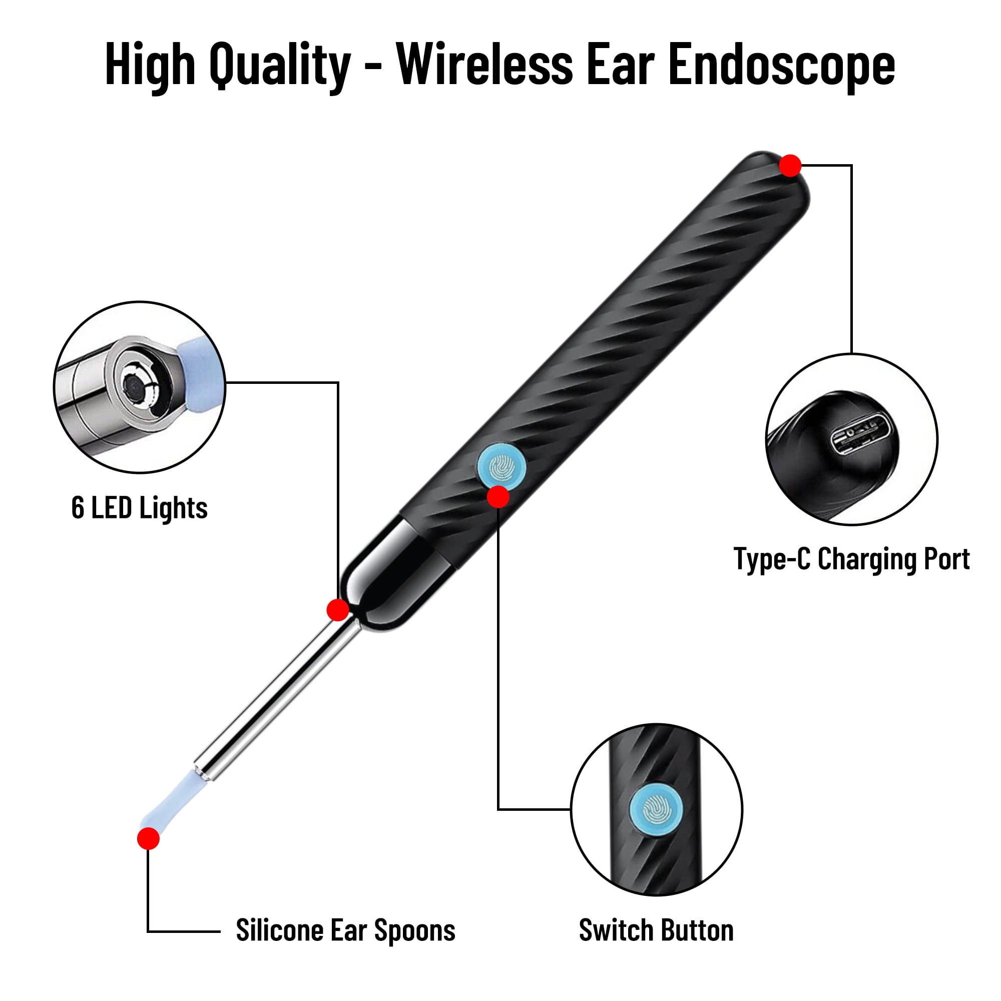 BROOKSTONE Ear Wax Removal System, 1080p HD Camera, 6 LED Lights, Rechargeable, 1 Count