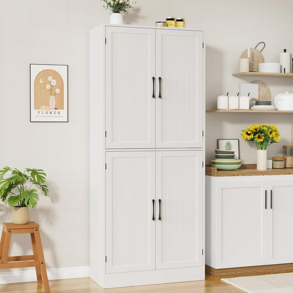 DIYART 71" Farmhouse Pantry Cabinet, Tall Storage Cabinet with 4 Doors and Adjustable Shelves, Freestanding Pantry for Dining Room, Kitchen, and Living Room, White