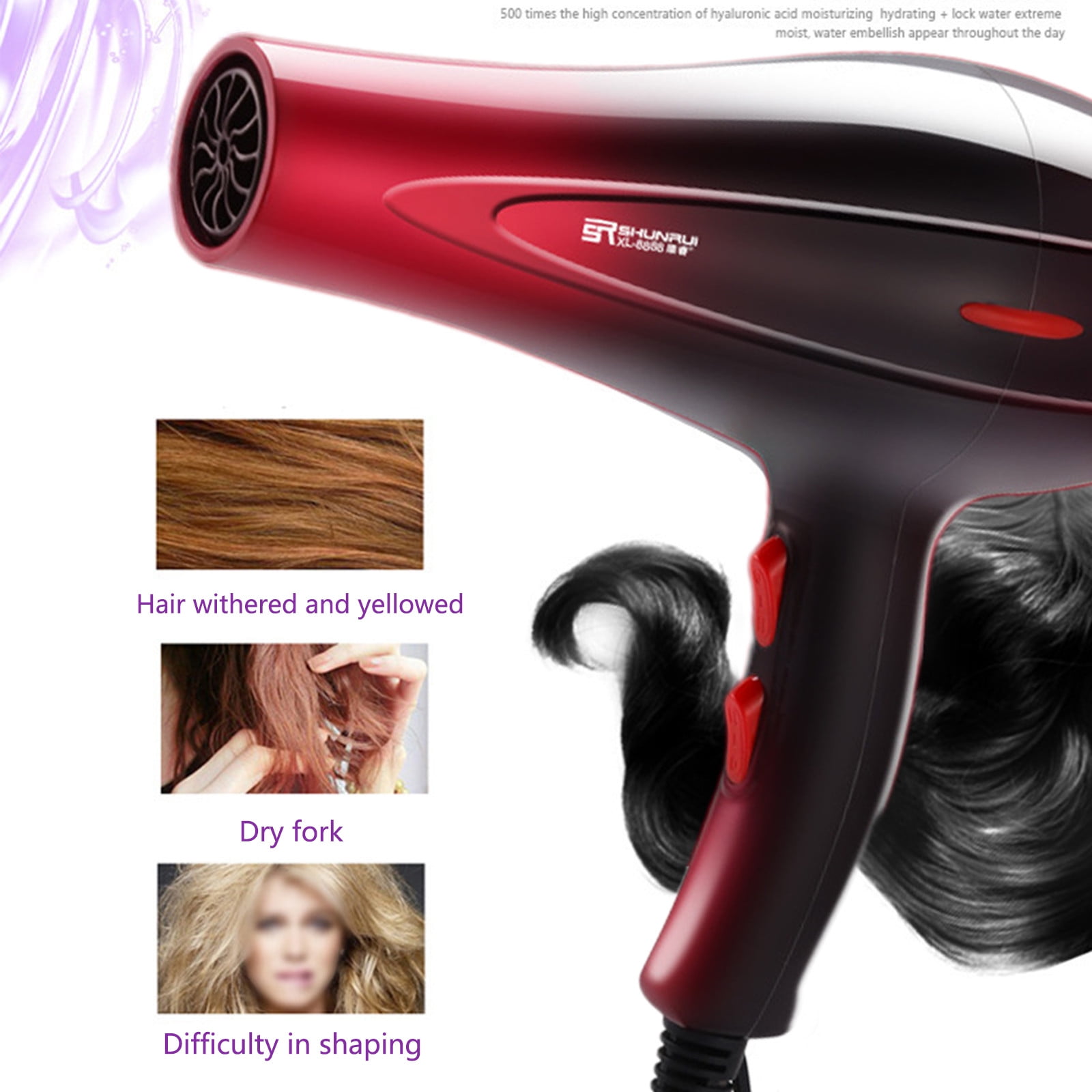 Hair Dryer 110V | Professional Salon Blow Dryer with 5 Heat Settings & DC Motor | Fast Drying | Concentrator Attachment | ABS Material | Black, Purple, Red, Hot Pink | 1000W | 27x25cm