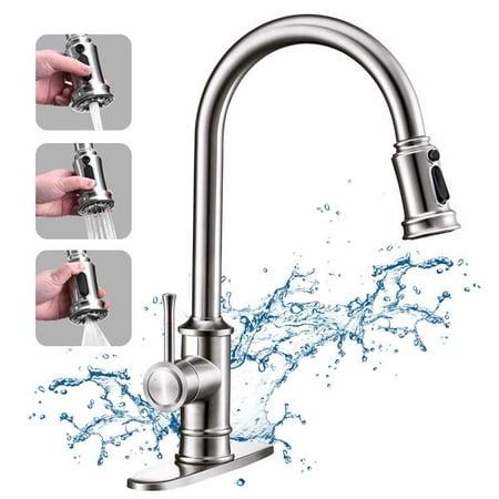 

Kitchen Faucet- 3 Modes Pull Down Sprayer Kitchen Sink Faucet Brushed Nickel Kitchen Faucet Single Handle 1or3 Holes with Deck Plate 100% Lead-Free for RV/House