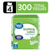 Great Value Soothing Lotion 3-Ply Cube Box Facial Tissues, 4 Pack (300 Total Tissues)