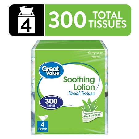 Great Value Soothing Lotion 3-Ply Cube Box Facial Tissues, 4 Pack (300 Total Tissues)