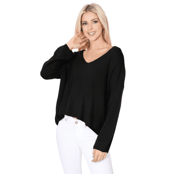 Women's Long Sleeve Wide V-Neck with Side Slit Oversize Pullover Sweater MK8219-BLK-L-BD