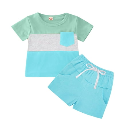 

B91xZ Toddler Boys Girls Short Sleeve Clothing Children Patchwork Pocket Tops Shorts Outfits Baby Boy Outfits Green Size 12-18 Months