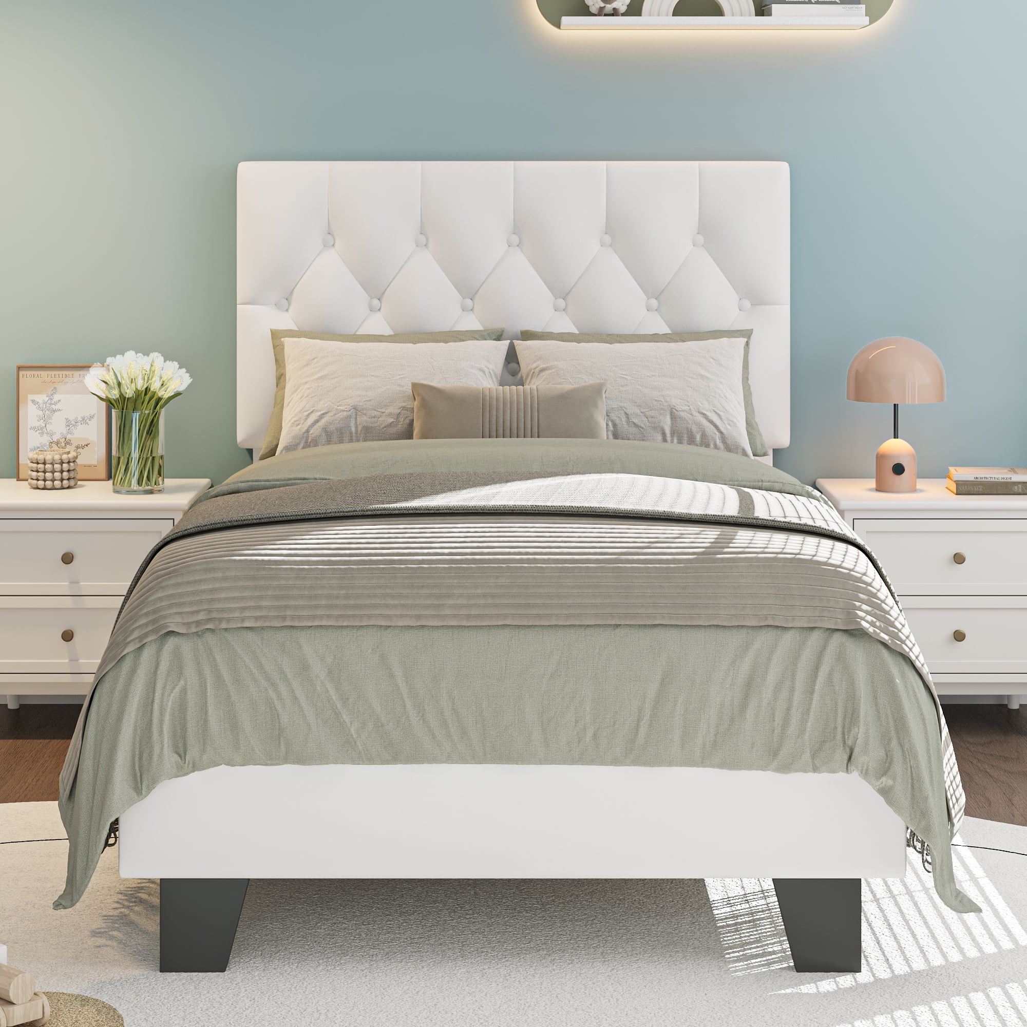 Honfach Twin Size Velvet Bed Frame with Upholstered Button Tufted Headboard, Platform Bed with Wooden Slats Support, No Box Spring Needed, Easy Assembly, Noise-Free, White