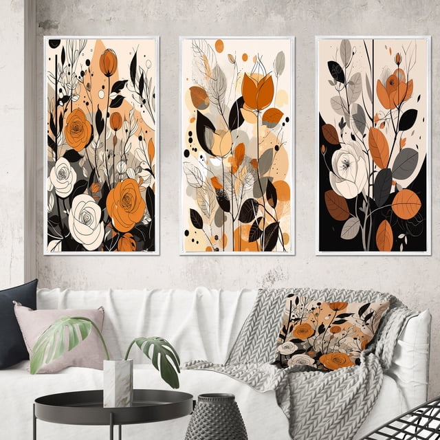 Designart "Terracotta Wildflowers in Retro Illustration IX" Abstract Botanicals Framed Wall Art Set Of 3 - Brown Modern Frame Canvas Set For Living Room Decor