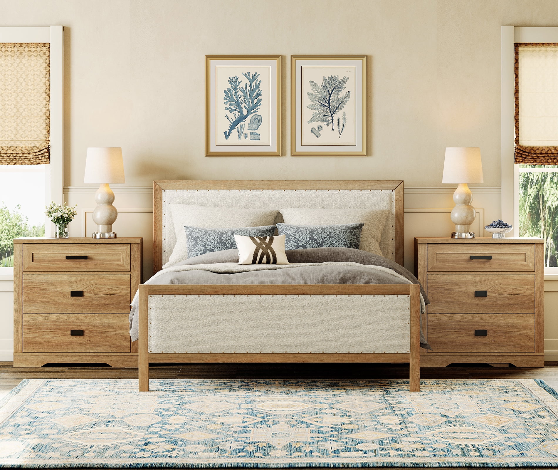 WAMPAT 31.5 inch Wide Large Nightstand Set of 2, 32 inch Tall Oversized Modern Farmhouse Bedside Table with Large Drawers 2-Piece Set for Bedroom,Vintage Oak