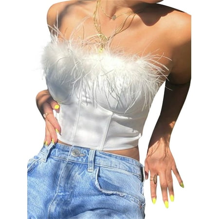 

Feather Corset Top for Women Strapless Tube Crop Top Fur Trim Bustier Off Shoulder Cami Aesthetic