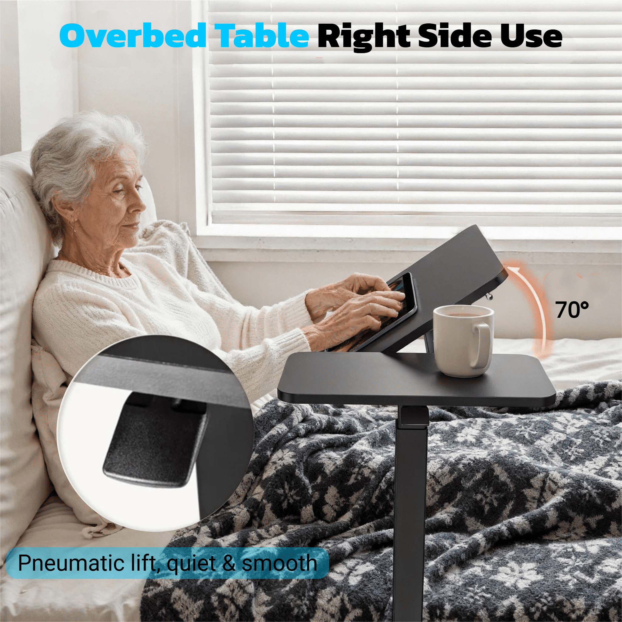 CONCETTA Overbed Table with Wheels Mobile Standing Desk, Adjustable height, Single-Sided Flip, Saves Space for Hospital, Home, Black