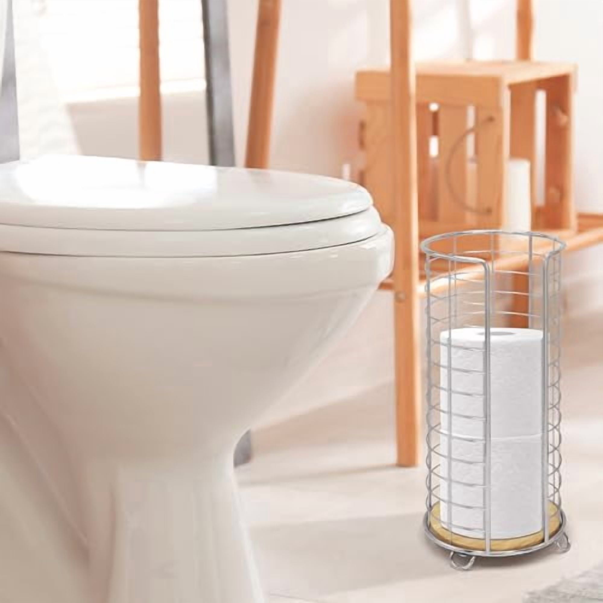 , Stylish Toilet Paper Holder with Bamboo Base, Freestanding Bathroom Tissue Organizer, Minimalistic Storage Solution, Modern Trending Design [Holds Large Rolls], Chrome…