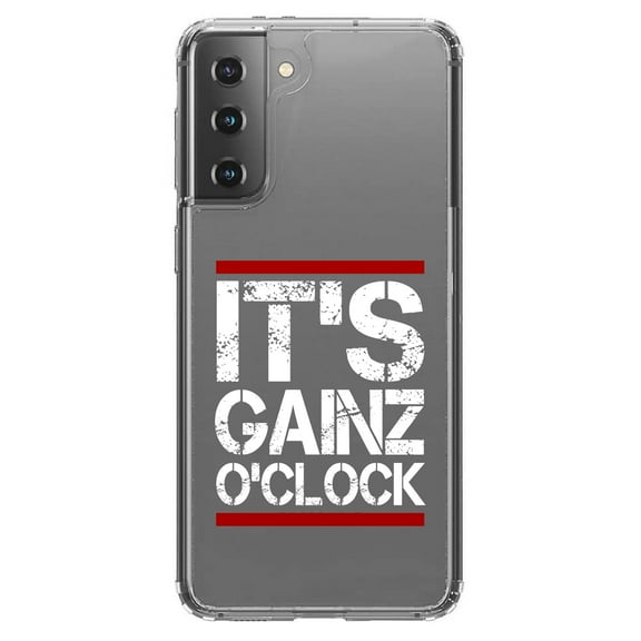 DistinctInk Clear Shockproof Hybrid Case for Galaxy S21  PLUS 5G (6.7" Screen) - TPU Bumper Acrylic Back Tempered Glass Screen Protector - It's Gainz O'Clock Working Out