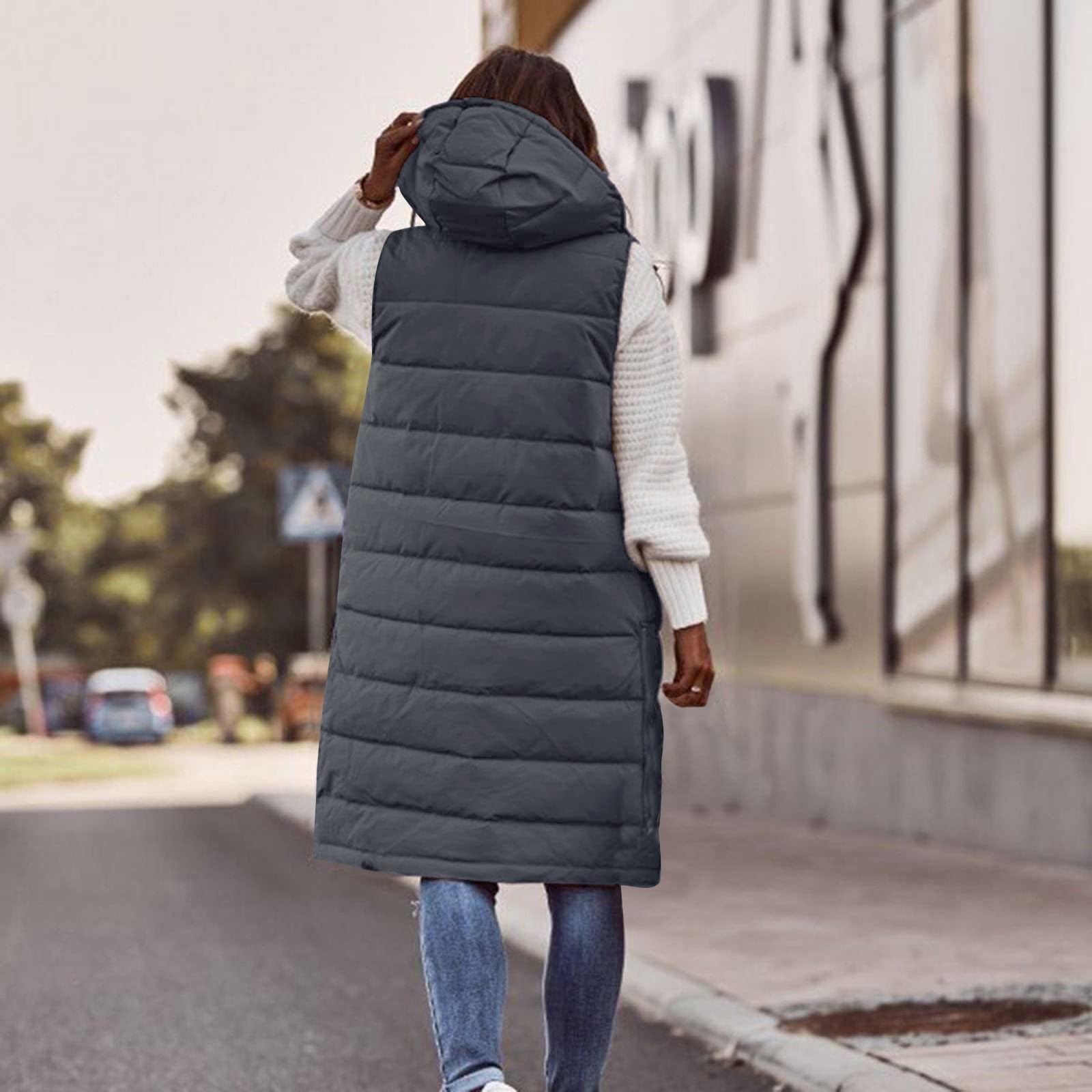 Womens Puffer Vest Sleeveless Hooded Long Quilted Vests Zip Up Lightweight Puffy Winter Jackets Gilet with Pockets