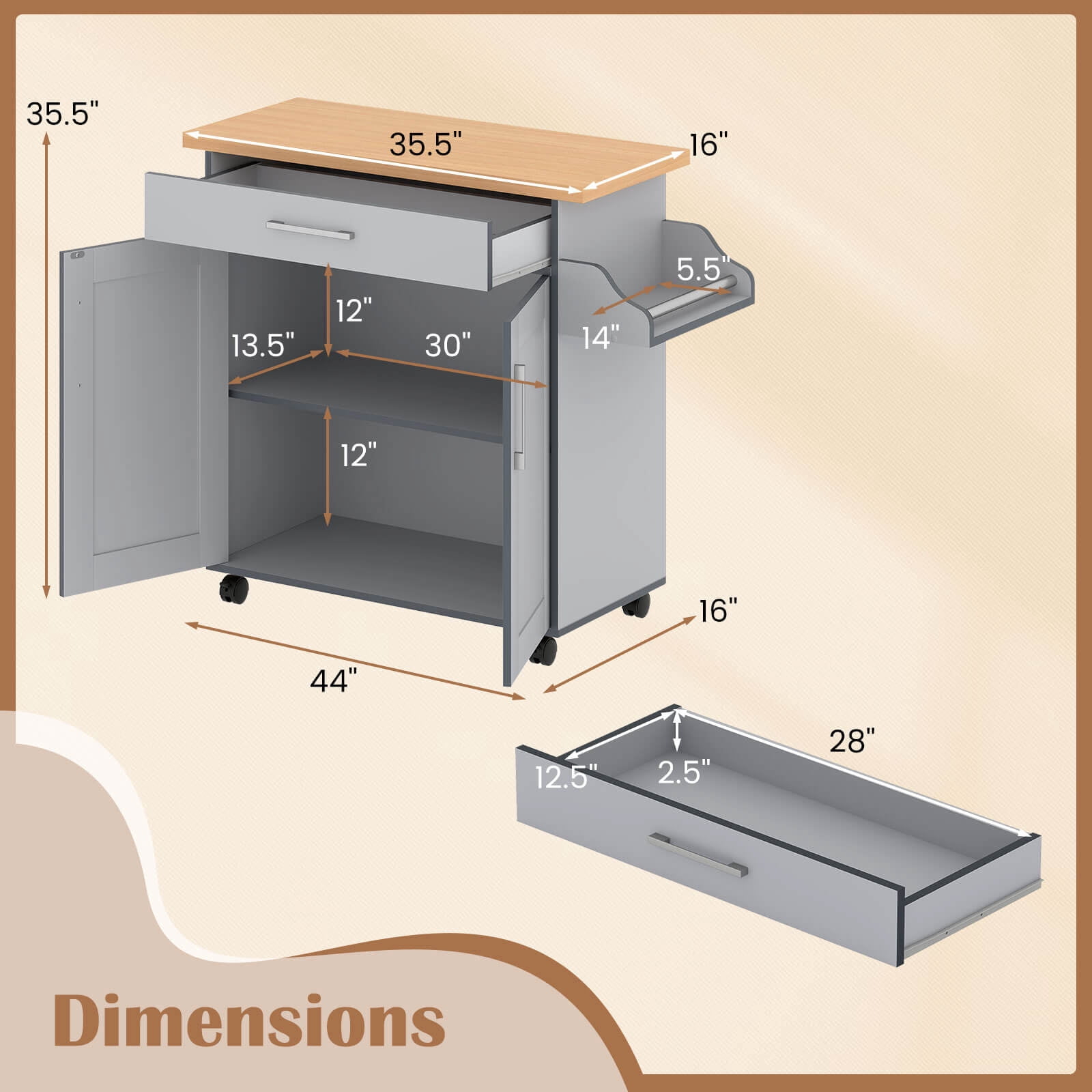 Costway Kitchen Island 44" Rolling Kitchen Cart with Drawer Adjustable Shelf Spice Rack Gray