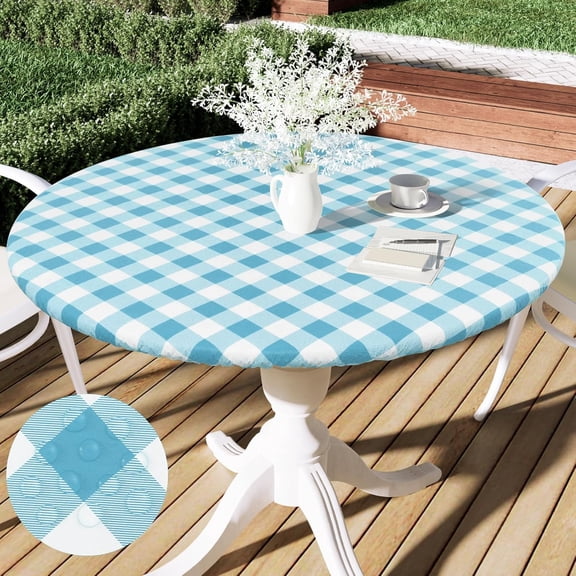 Round Picnic Tablecloth, Elastic Waterproof Fitted Vinyl Tablecloths for 36"-44" Tables, Flannel Backed Buffalo Plaid Table Cover for Dining, Camping, Outdoor, White and Aqua