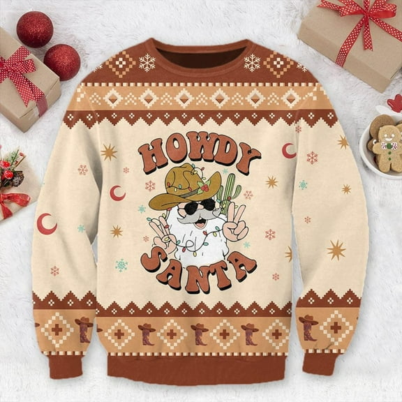 Retro Howdy Santa Christmas Ugly Sweater Cowboy Sweatshirt Retro Christmas Crewneck Shirt, Xmas Gift for Dad