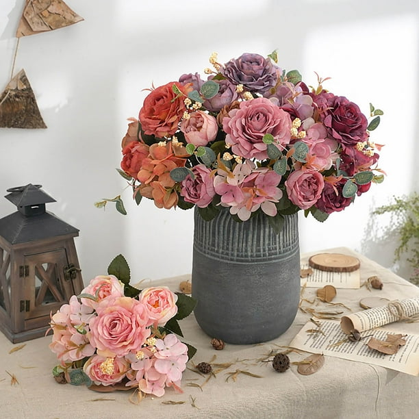 Peonías bordadas Flores artificiales - Set de 6 ramos para jardineras colgantes, decoración interior/exterior, hortensias de plástico y arreglo de rosas