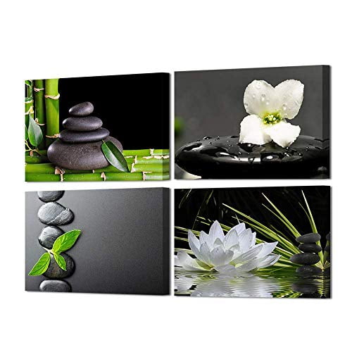 VVOVV Wall Decor Zen Wall Decor Zen Stone Elegant Lotus Flower Painting Green Bamboo Wall Pictures Bathroom Spa Room Decor Framed Gallery Wrap 12"x16"