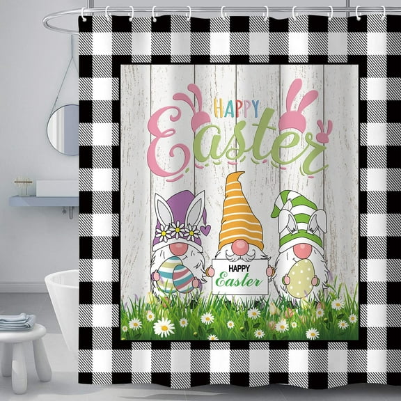 Happy Easter Shower Curtain for Bathroom, Egg Hunter Cute Gnomes Colorful Eggs Spring Meadow Black White Buffalo Plaid Backdrop Shower Curtain Sets for Kids Children, Waterproof Fabric with Hooks