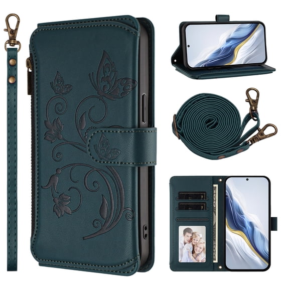Case for Samsung Galaxy A17 5G, PU Leather TPU, with Crossbody Strap Wrist Strap, Zipper Pocket Card Slots and Cash Pocket Magnetic Clasp Kickstand Embossed Women Girls Wallet Case, Darkblue