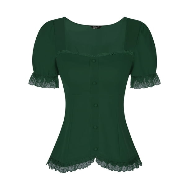 CAMISA VICTORIANA INSPIRADORA DEL DÍA DE LA MADRE PARA MUJERES CON ESCOTE EN CORAZÓN Y MANGAS ABULLONADAS, BLUSA GÓTICA CON LACITOS HALLOWEEN 2XL VERDE OSCURO