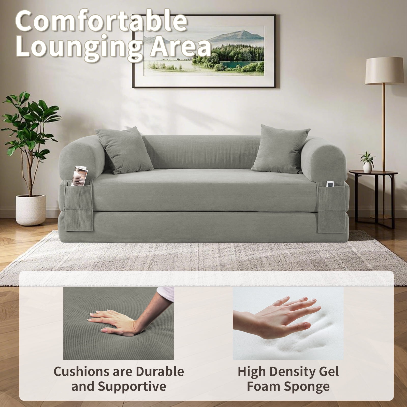 3 in 1 Convertible Sofa Bed, 80" Corduroy Folding Pull Out Couch with 2 Pillows, Floor Sofa with Side Storage for Living Room, No Assembly Modern Boneless Couch Compression Sofa, 35.4"W