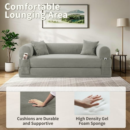 Folding Sofa Bed, Convertible Sleeper Floor Couch with 2 Pillows, Foldable Foam Mattress for Living Room/Dorm/Guest Room/Apartment/Small Space