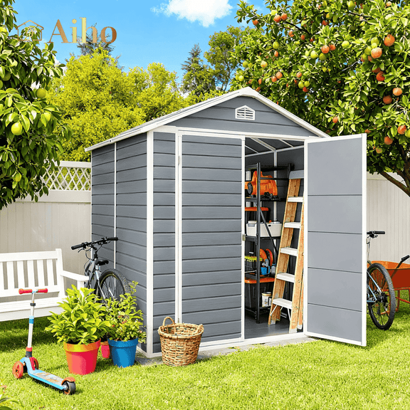8 X 6 Ft Outdoor Plastic Storage Shed with Floors, Aiho Resin Tool Shed with Windows & Lockable Door & Vents, Perfect for Yard, Garden, Gray